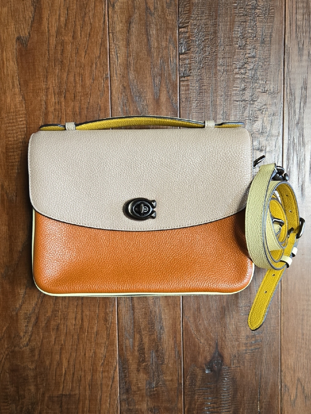 Coach Cassie 19 Colorblock Leather Crossbody Purse Bag - Beige, Orange & Yellow